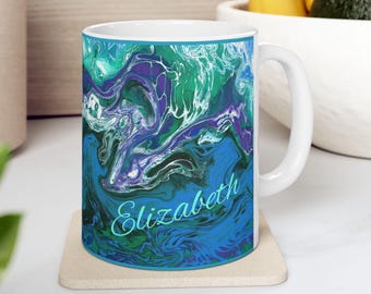 Taza de cerámica personalizada con diseño de ondas dinámicas / Diseño de Judy M Johnson
