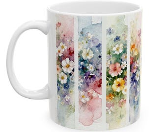 Watercolor Wildflower Panels Mug | Floral Ceramic Mug- 11, 15 oz