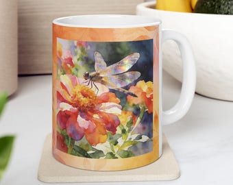 Watercolor Dragonfly and Flowers Art Mug Ceramic, 11oz FREE US Shipping