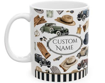 Taza Art Déco de caballero vintage / Coche clásico, sombreros, guantes, patrón de sombrerera n.° 3