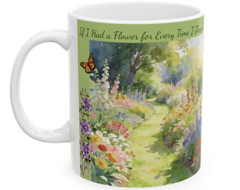 Butterfly Garden Floral Scene Mug | Thoughts of You, Tennyson Quotation Ceramic Mug