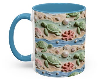 Sea Turtles and Seashell Pattern Mug | Pastel Accent Coffee Mug 11, 15 oz.