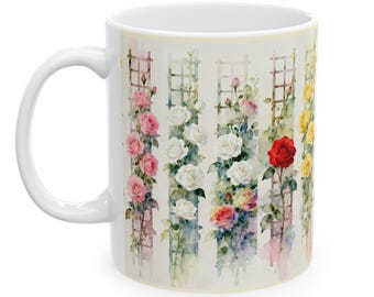Watercolor Climbing Roses Mug | Ceramic Coffee Cup 11oz 15oz