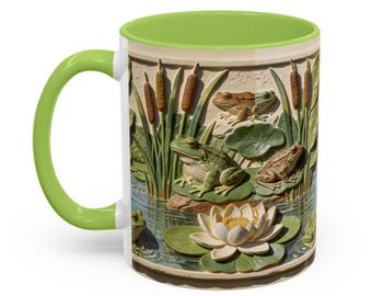 Frogs and Lily Pads Mug | Pond Scene Accent Coffee Mug 11, 15 oz.