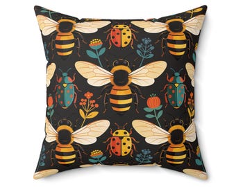 Folk Art Bee Pillow | Bees Ladybugs and Flowers Square Pillow 3 sizes