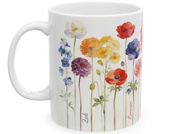 Personalized Grandma's Watercolor Flowers Mug | Botanical Floral Stem Art