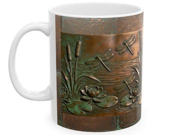 Lily Pond Dragonflies Copper Relief Artwork Mug | Ceramic Mug- 11, 15 oz.