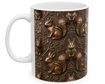 Copper Relief Bunny Squirrel Chipmunk Pattern Mug | Ceramic Coffee Cup