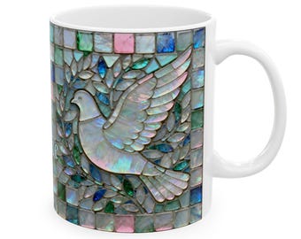 Peace Dove Abalone Inlay Mosaic Mug | Ceramic Coffee Cup, 11oz or 15oz