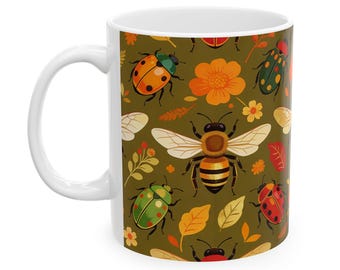 Beneficial Bugs; Bees and Ladybugs Mug | Ceramic Bee Pattern Mug