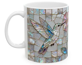 Hummingbird Floral Mosaic Mug | Mother-of-Pearl Flower Ceramic Mug 11, 15 oz