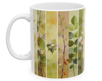 Watercolor Greenery Ceramic Mug | Forest Botanical Floral, Buds, Branches Panels