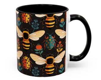 Bee and Ladybug Pattern Coffee Mug | Floral Insect Modern Folk Art Accent Mug