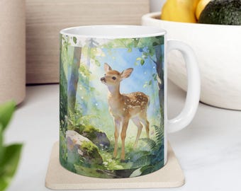 Enchanted Forest Fawn Illustration Mug | Watercolor Woodland Scene, FREE US SHIP