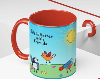 Taza de café Fat Birds / La vida es mejor con amigos, 325 ml. Opción de personalización.