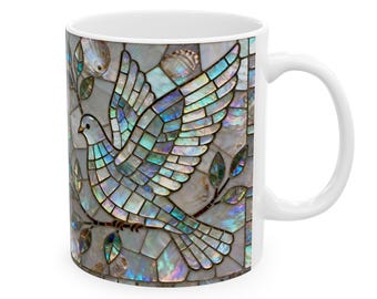 Peace Dove Abalone Inlay Mosaic Mug | Ceramic Coffee Cup, 11oz or 15oz