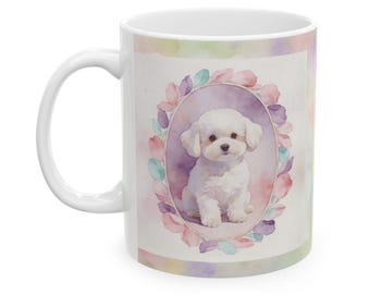 Fluffy White Puppy, Circle of Flowers, Pastel Watercolor Art Ceramic Mug FREE ship