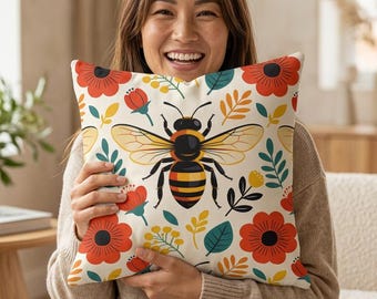 Folk Art Bee Pillow | Bee and Flowers Square Cushion, 3 sizes