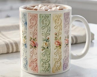 Vintage Floral Panel Mug | Pastel Rose Embossed-Look Striped Ceramic Mug