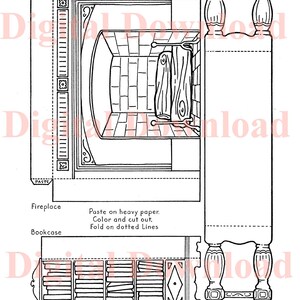 May include: A black and white line drawing of a fireplace, bookcase, table, and vase. The image is a paper craft template with instructions to paste on heavy paper, color, cut out, and fold on dotted lines.