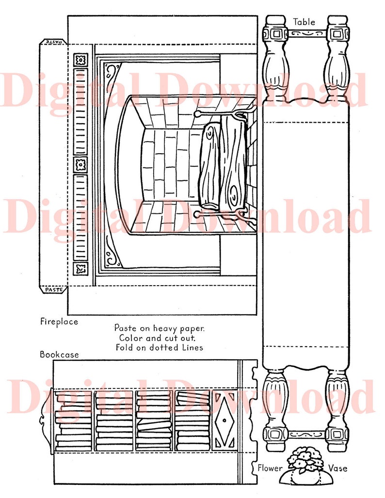May include: A black and white line drawing of a fireplace, bookcase, table, and vase. The image is a paper craft template with instructions to paste on heavy paper, color, cut out, and fold on dotted lines.