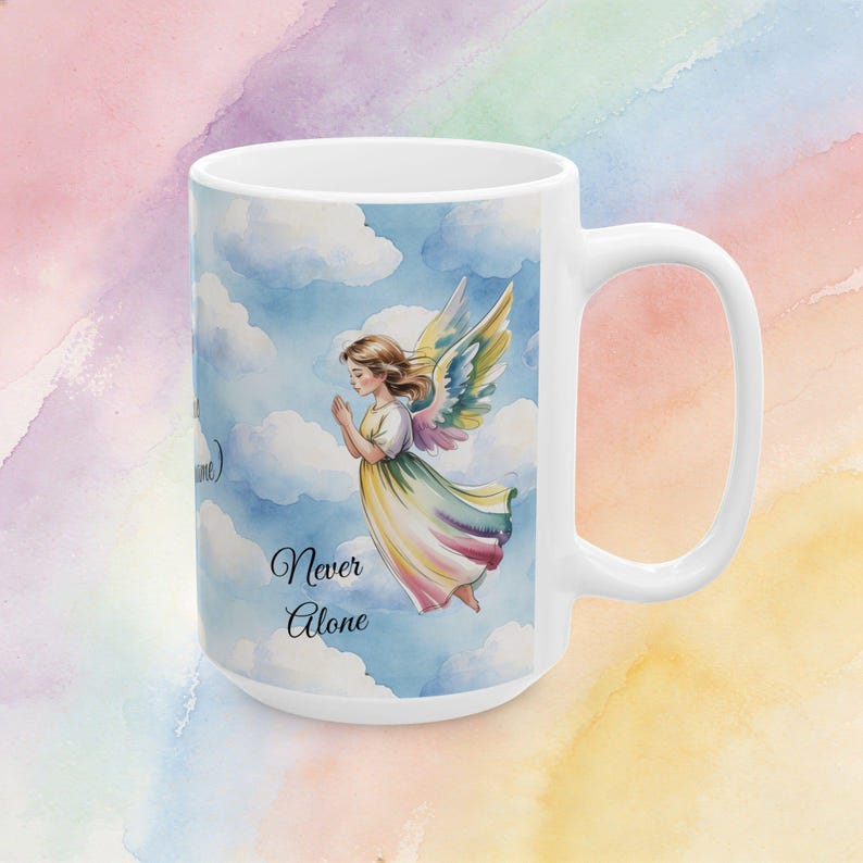 Taza de cerámica personalizada con el nombre "Ángeles contigo, cielo y nubes" imagen 13
