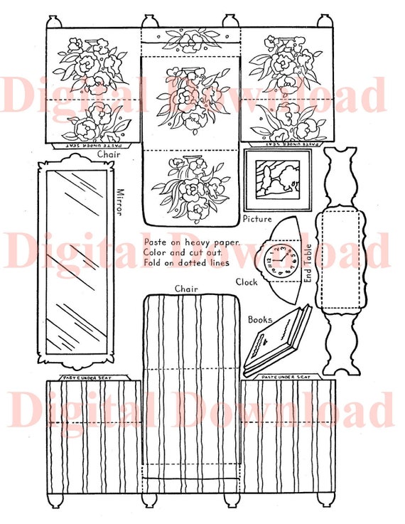 Paper Furniture INSTANT PRINTABLE Digital Download: 3 Pages to Color-Cut-Assemble-PLAY!
