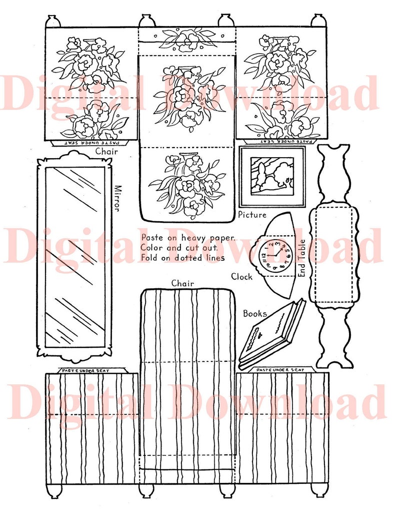 May include: A black and white printable paper doll of a living room with a chair, mirror, picture, clock, books, and end table. The paper doll is designed to be cut out and folded.