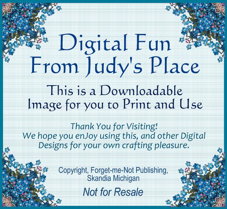 May include: A blue and white digital image with the text "Digital Fun From Judy's Place" and "This is a Downloadable Image for you to Print and Use". The text "Thank You for Visiting! We hope you enjoy using this, and other Digital Designs for your own crafting pleasure." is also included. The image has a copyright notice that reads "Copyright, Forget-me-Not Publishing, Skandia Michigan Not for Resale".
