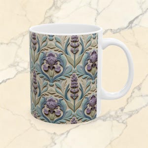 Art Nouveau Iris Tile Pattern Mug | Floral Ceramic Coffee Cup 11 oz