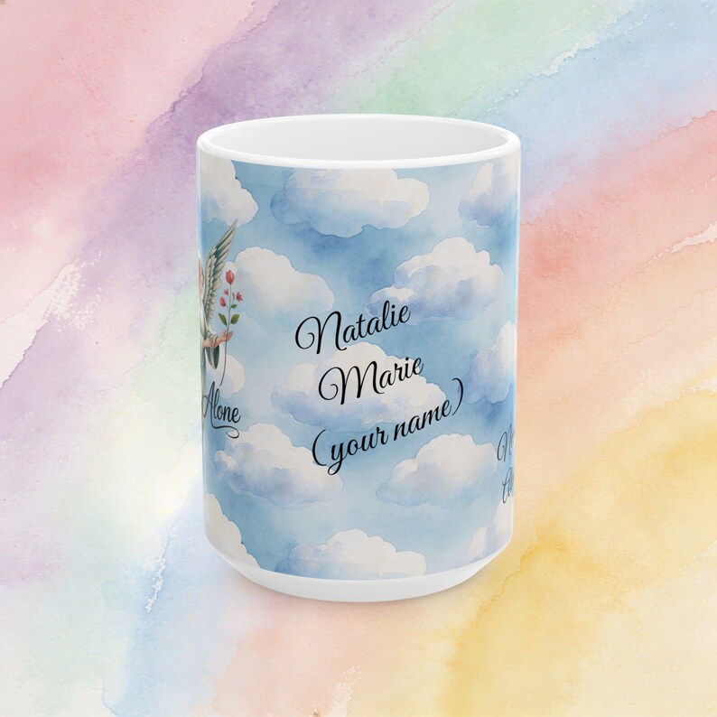 Taza de cerámica personalizada con el nombre "Ángeles contigo, cielo y nubes" imagen 11