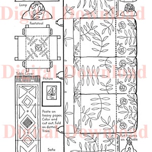 May include: A black and white printable paper doll house with a sofa, table, lamp, footstool, and picture. The paper doll house is decorated with a floral pattern. The text on the page reads "Paste on heavy paper. Color and cut out. Fold on dotted lines."