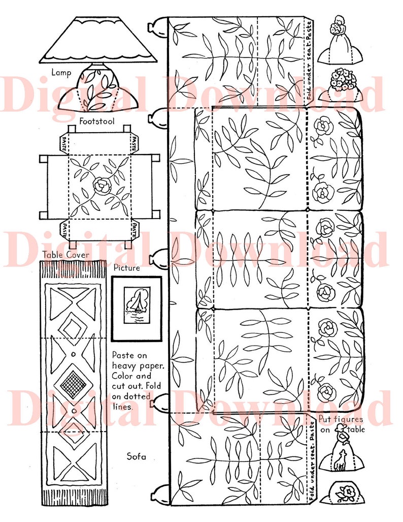 May include: A black and white printable paper doll house with a sofa, table, lamp, footstool, and picture. The paper doll house is decorated with a floral pattern. The text on the page reads "Paste on heavy paper. Color and cut out. Fold on dotted lines."