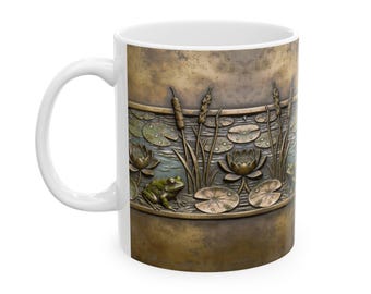 Aged Copper Effect Pond Lily Frog Dragonfly Mug | Ceramic Coffee Cup 11, 15 oz.