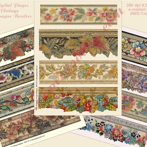 May include: Digital pages featuring vintage wallpaper borders. The borders showcase floral and foliage designs in various colors, including red, blue, yellow, and green. The text on the image reads "3 Digital Pages Vintage Wallpaper Borders" and "300 dpi 8.5" x 11" e-mailed to you #WD-Trio-241."