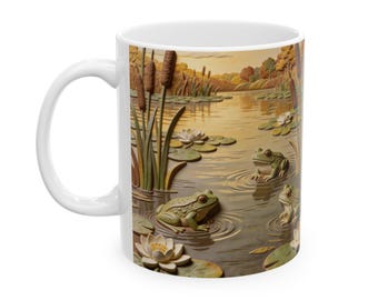 Cattails Frogs and Lily Pads Mug | Vintage Relief-Look Botanical Pond Art 11, 15 oz