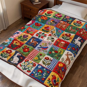 Puede incluir: Un edredón de retazos colorido con diseños florales y animales bordados. El edredón presenta cuadrados de varios colores, incluyendo rojo, azul y amarillo, con imágenes de flores, pájaros y ciervos. El edredón está sobre una cama con una sábana blanca.