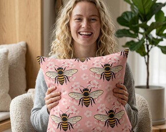Pink Folk Art Bee Pattern Pillow | Floral Throw- 3 sizes