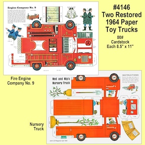 Peut inclure: Deux découpes de camions jouets en papier restaurés de 1964. L'un est un camion de pompiers rouge avec le texte "Engine Company No. 9". L'autre est un camion de pépinière orange. Chaque feuille mesure 21,6 cm x 27,9 cm.