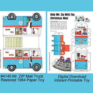 Mr ZIP U.S. Mail Truck, Paper Toy to Print-Cut-Make. Digital Download TWO Pages