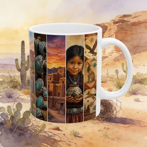 May include: A white ceramic mug featuring a vertical collage of Southwestern imagery. The design includes turquoise jewellery, a desert sunset over adobe buildings, a person holding a patterned pottery vessel, and animal motifs like an eagle and wolf.