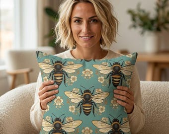 Bee Damask Pattern Pillow | Honeybee Decorative Throw Pillow