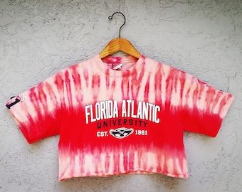 Reworked Florida Atlantic University Fighting OWLS Tie Dye Crop Top T-shirt, Bleach dyed cropped FAU t shirt, Size L Large Graphic tee