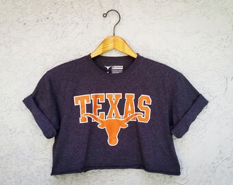 Reworked University of Texas LONGHORNS Crop Top T-shirt, Custom cropped t shirt, UT hand cut graphic tee, Size M Medium