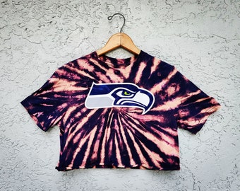 Reworked Seattle Seahawks Tie Dye Crop Top T-shirt, Bleach dyed cropped graphic tee, Hand Dyed T Shirt, Tailgate Gear, Size S Small