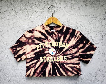 Reworked Pittsburgh Steelers Tie Dye Crop Top T-shirt, Bleach Dyed Cropped T Shirt, Handmade Graphic tee, Size M Medium L Large XL