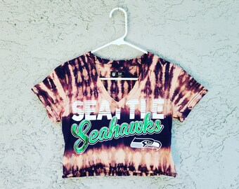 Reworked Seattle Seahawks Tie Dye Crop Top T-shirt - Bleach Dyed Cropped T Shirt - Hand dyed Graphic Tee - Size S Small
