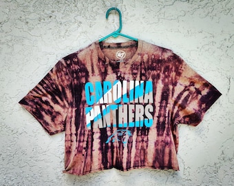 Reworked Carolina Panthers Tie Dye Crop Top T-shirt, Bleach Dyed Cropped T Shirt, Handmade Football Graphic tee, Size M Medium