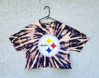 Reworked Pittsburgh Steelers Tie Dye Crop Top T-shirt, Bleach Dyed Cropped T Shirt, Hand dyed Graphic tee, Size M Medium