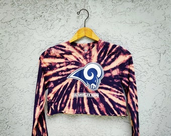 Reworked Los Angeles Rams Tie Dye Crop Top T-shirt - Bleach Dyed Cropped T Shirt - LA Rams Graphic Tee - Hand cut tshirt - Size M Medium